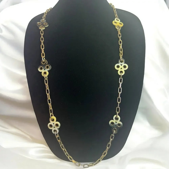 Tory Burch Clover Chain Necklace Gold, Resin Design, Long Necklace, Layered - Picture 1 of 5